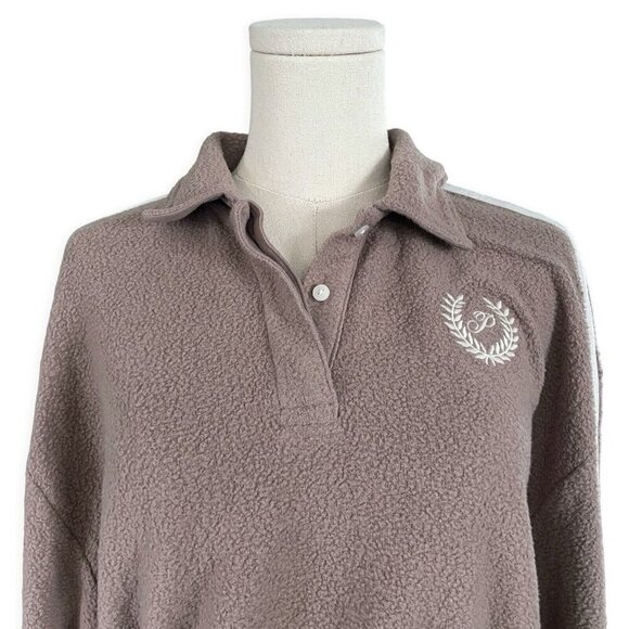 Victorias Secret PINK Fleece Varsity Cropped Sweatshirt Sz M Brown Sherpa Henley - Picture 4 of 14